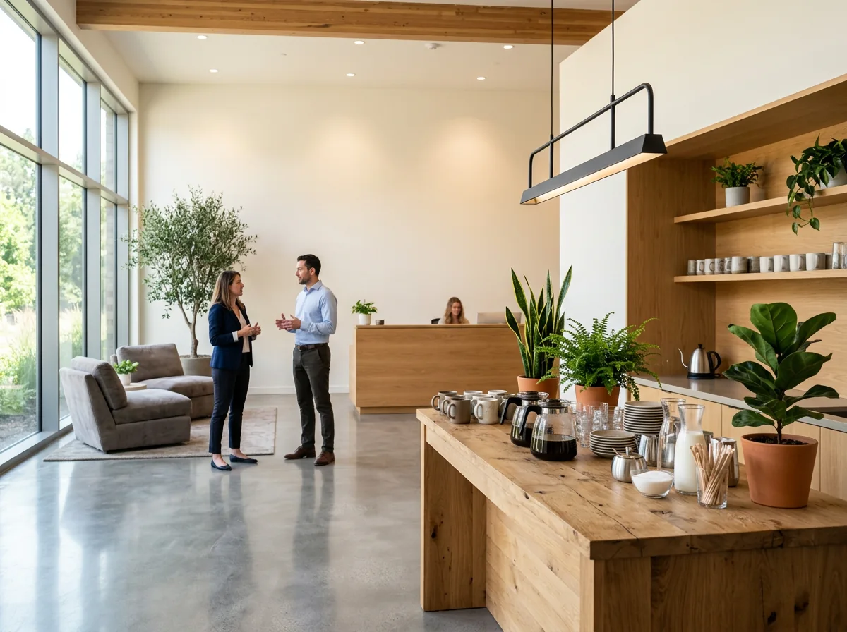 KI-generiert: Office-Manager serviert Geschäftsbesucher Espresso an Empfangs-Kaffeestation