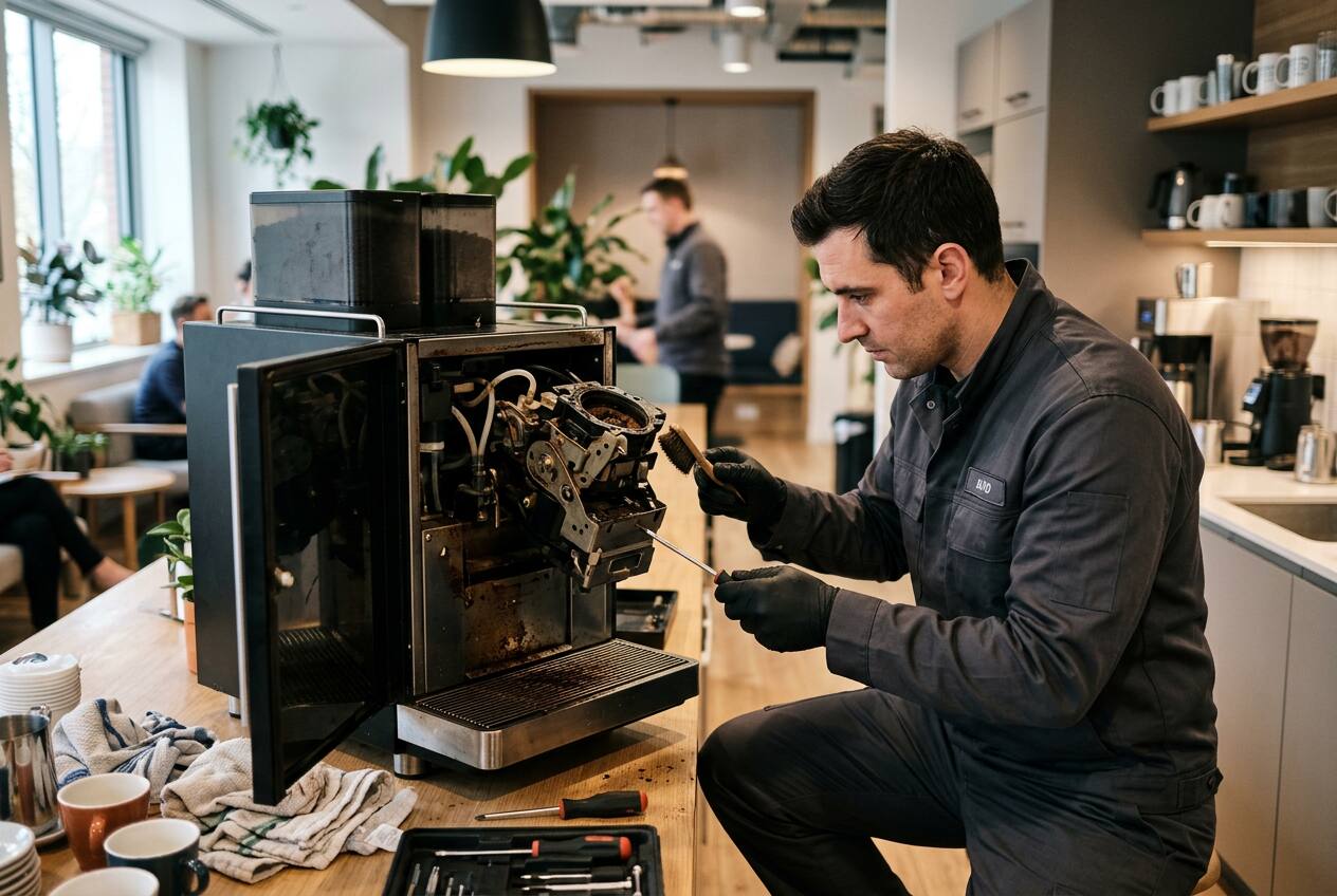 KI-generiert: Servicetechniker reinigt die Brühgruppe eines professionellen Büro-Kaffeevollautomaten